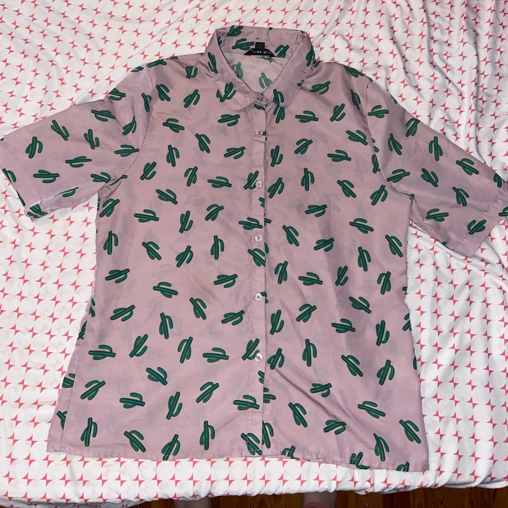 Purple button up top with cactus design